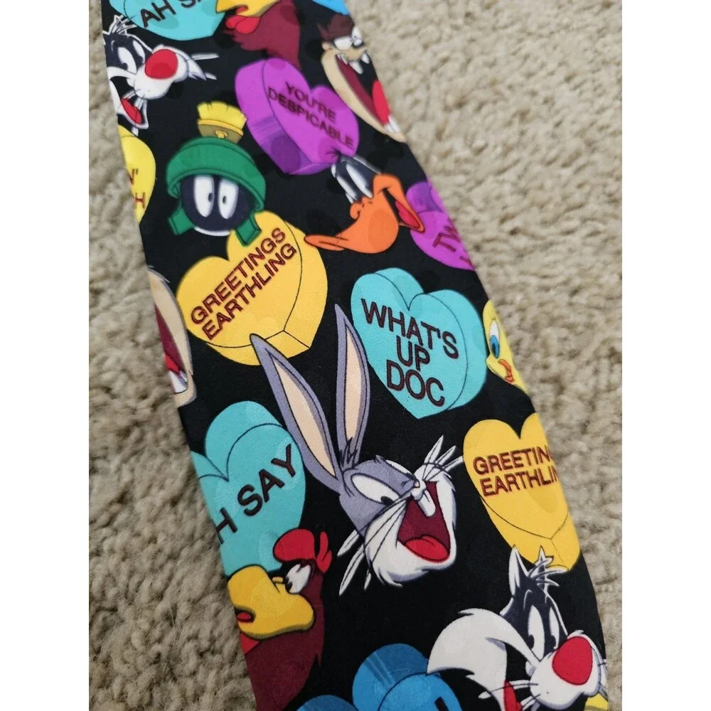 Vintage 1994 Looney Tunes Mania Silk Tie Candy Hearts Valentines Day Bugs Bunny